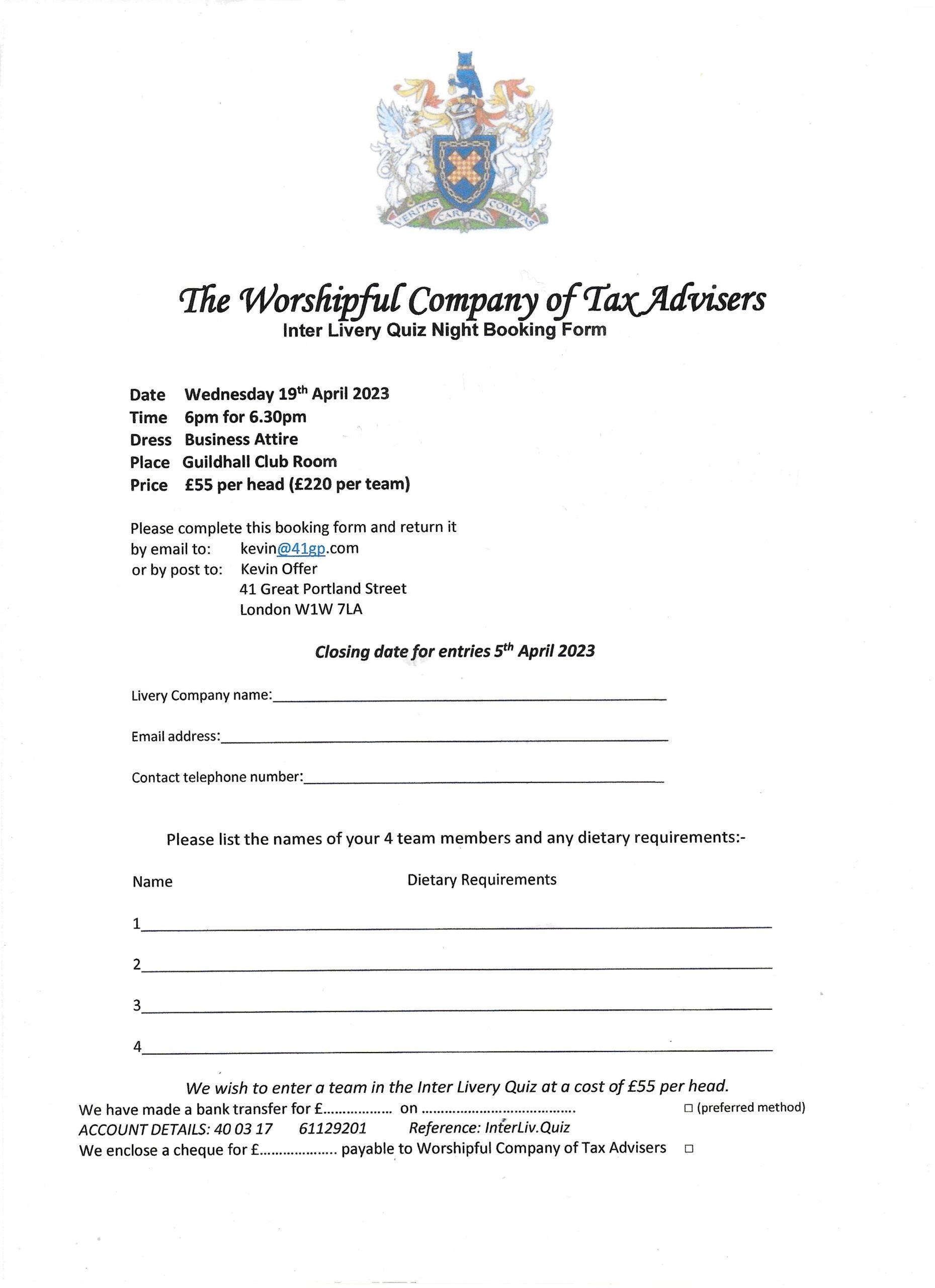 Tax Advisers' Modern Companies quiz night Livery Committee